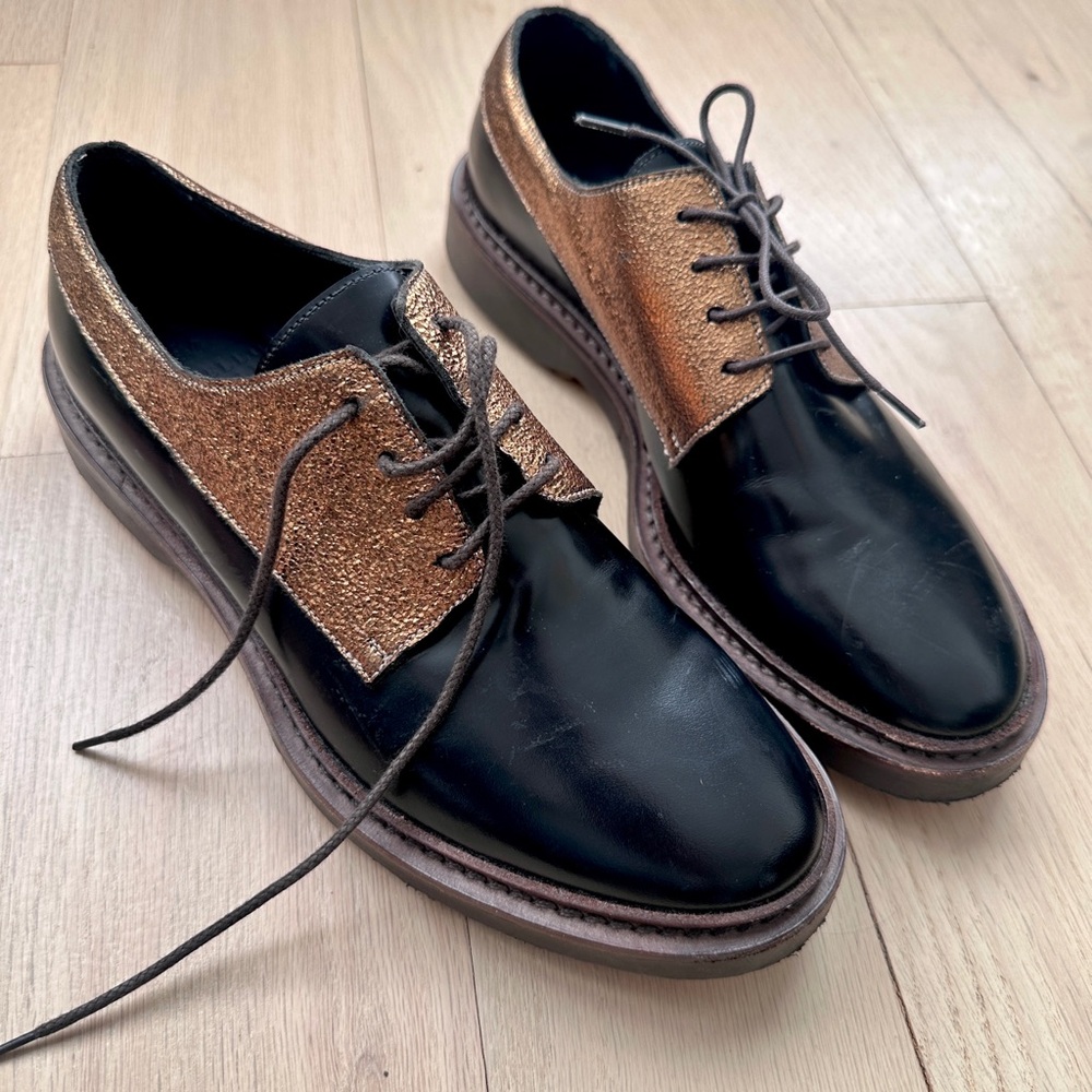 Brunello Cucinelli Women’s Oxford Shoes Black & Gold Size 37 Luxury Designer - Picture 2 of 11
